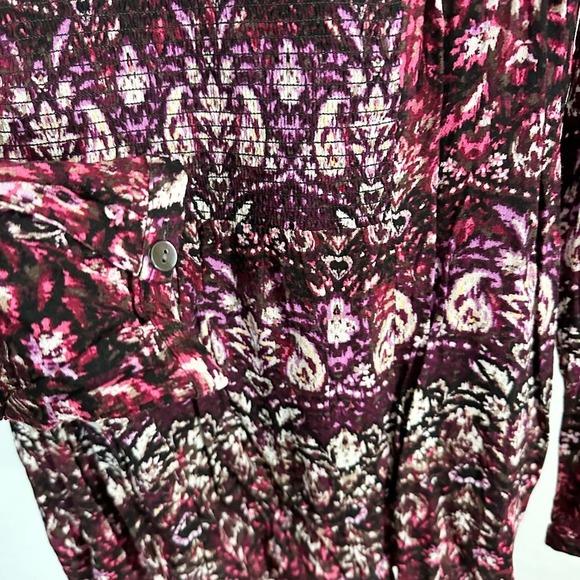 J. Jill Smocked Ikat Round Neck Tunic Blouse Top Purple Pink Small Boho Abstract - Picture 5 of 9
